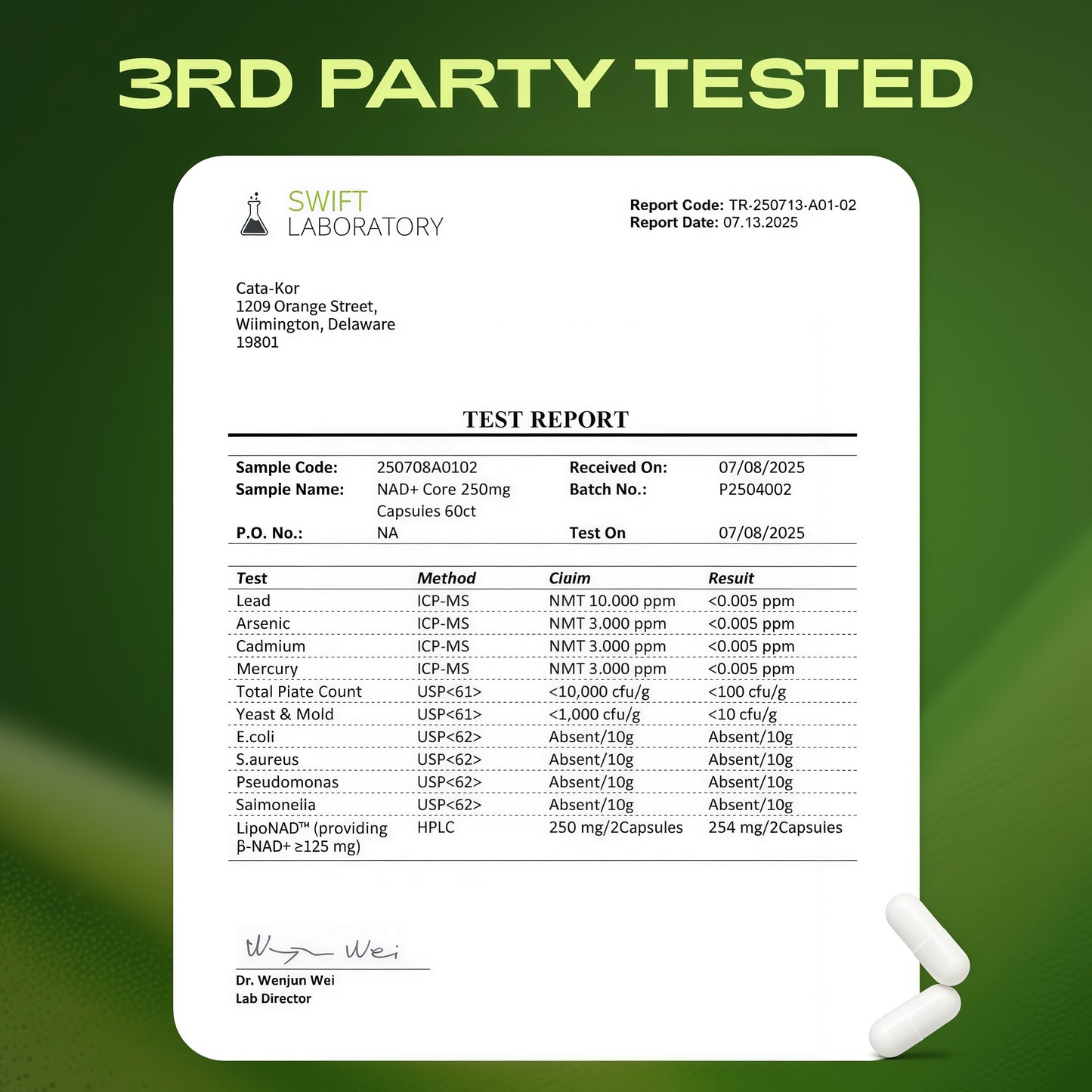 Cata-Kor NAD+ Core | Liposomal NAD+ Supplement | NMN Supplement Alternative | Third-Party Tested | NAD Core | 250mg | 60 Capsules | 30-Day Supply | Supplement Facts